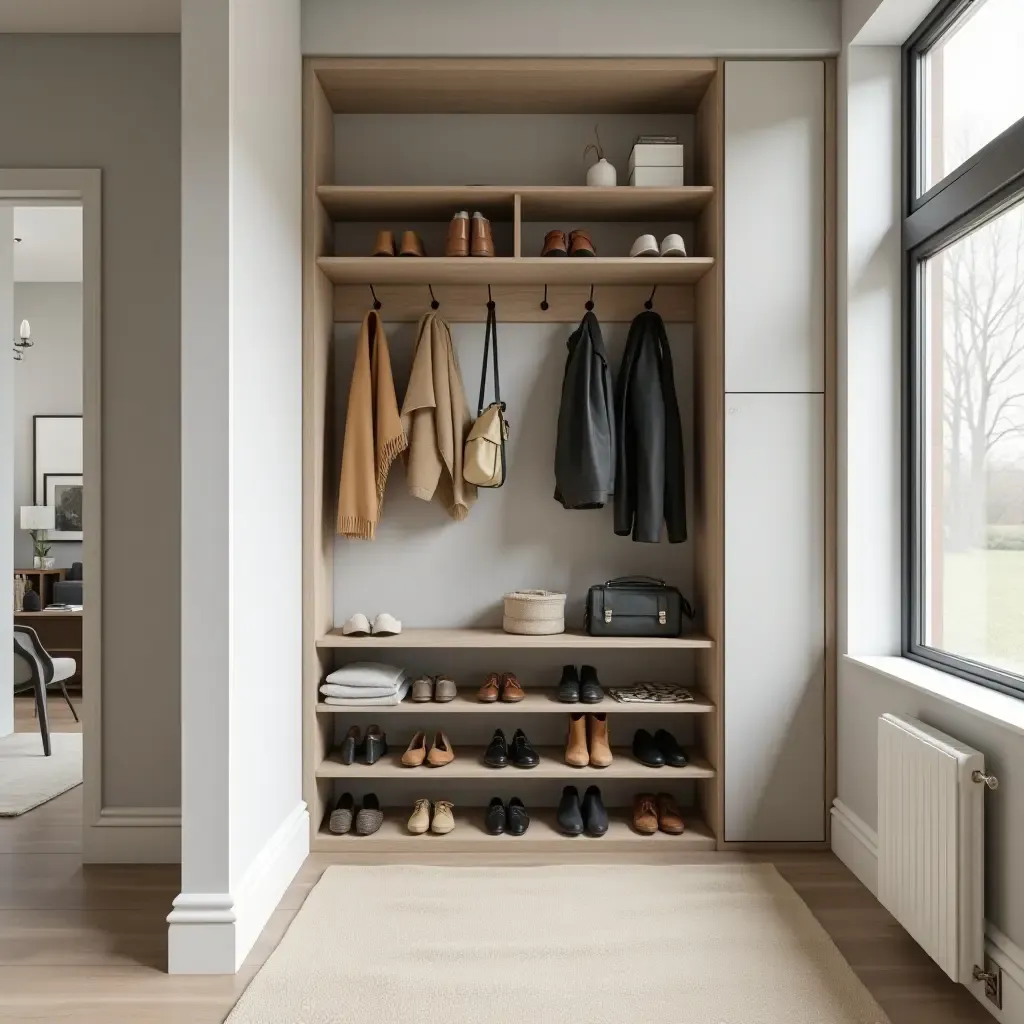 a photo of a corridor with a stylish coat rack and organized shoe storage