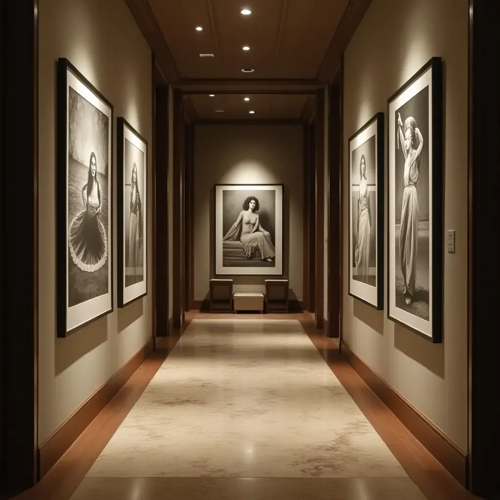 a photo of a cozy corridor with a gallery of black-and-white photos