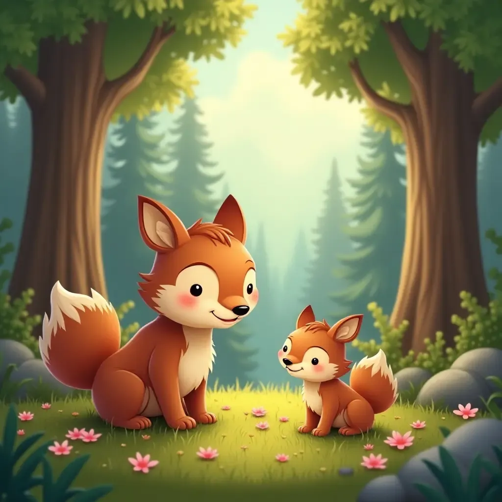 a photo of a cozy woodland scene featuring adorable animals