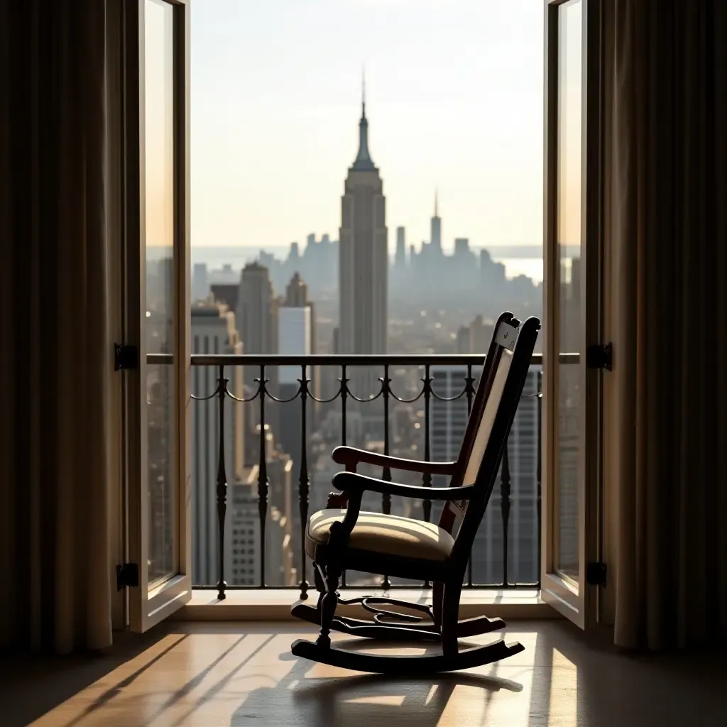 a photo of an antique rocking chair overlooking a city view from a balcony