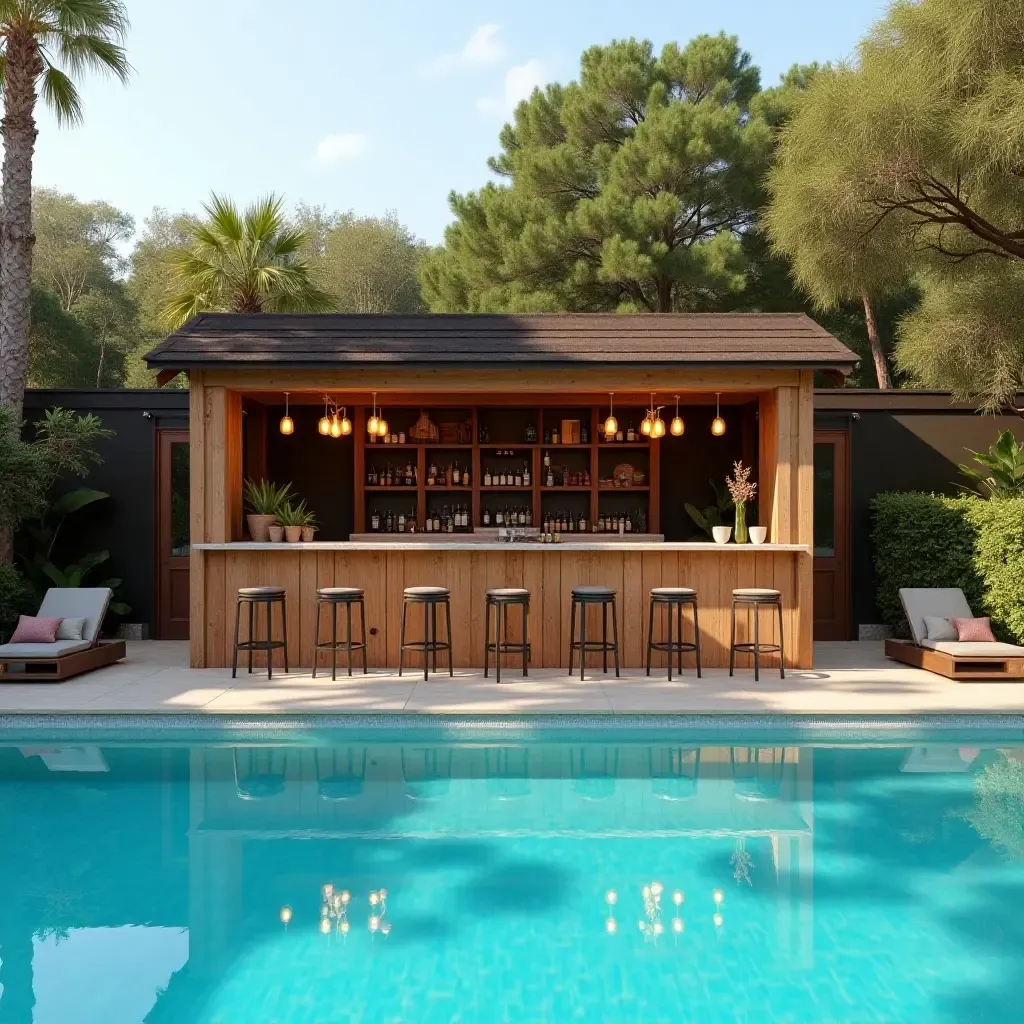 a photo of a stylish poolside area with a reclaimed wood bar and hanging lights