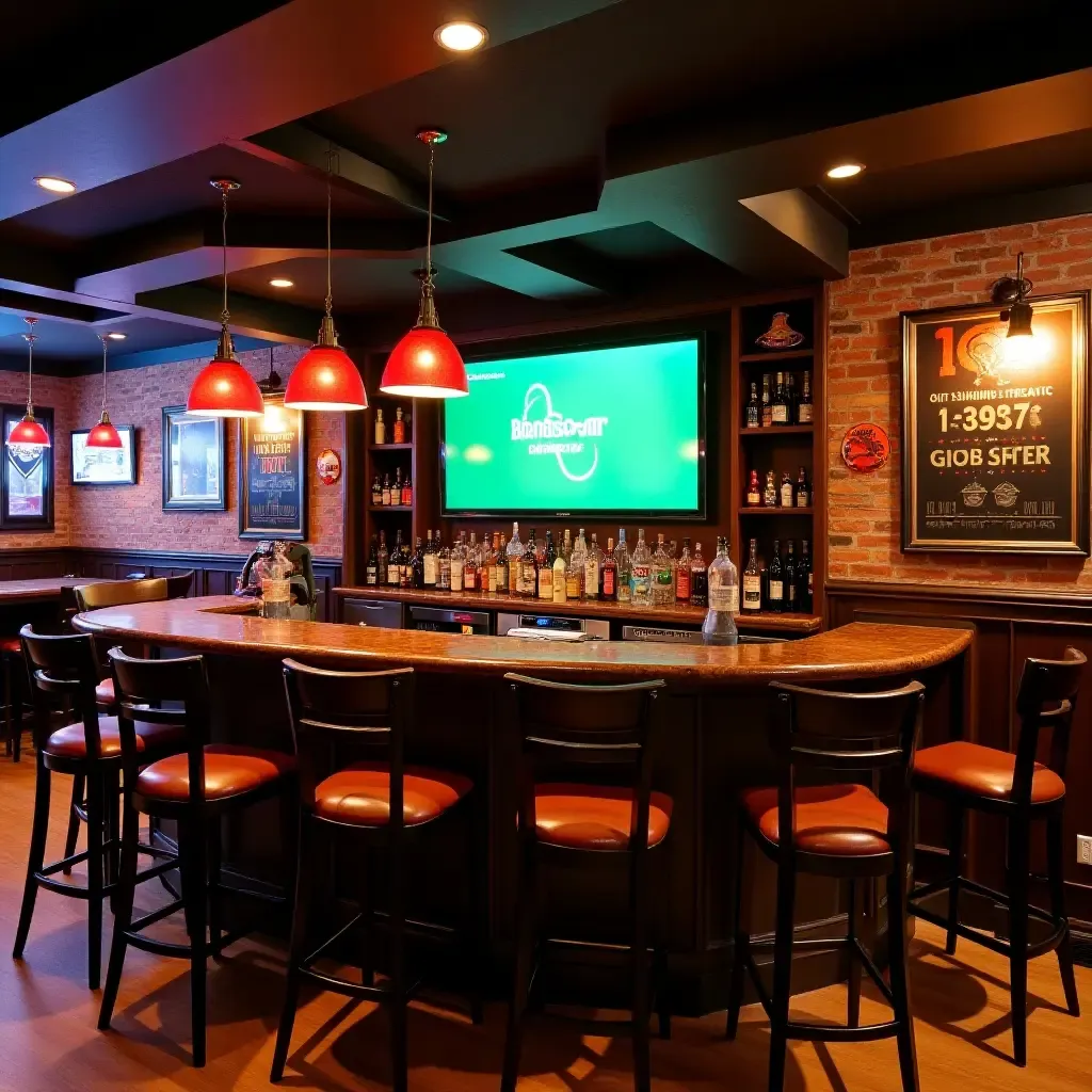 a photo of a sports-themed basement bar with memorabilia and a big screen TV