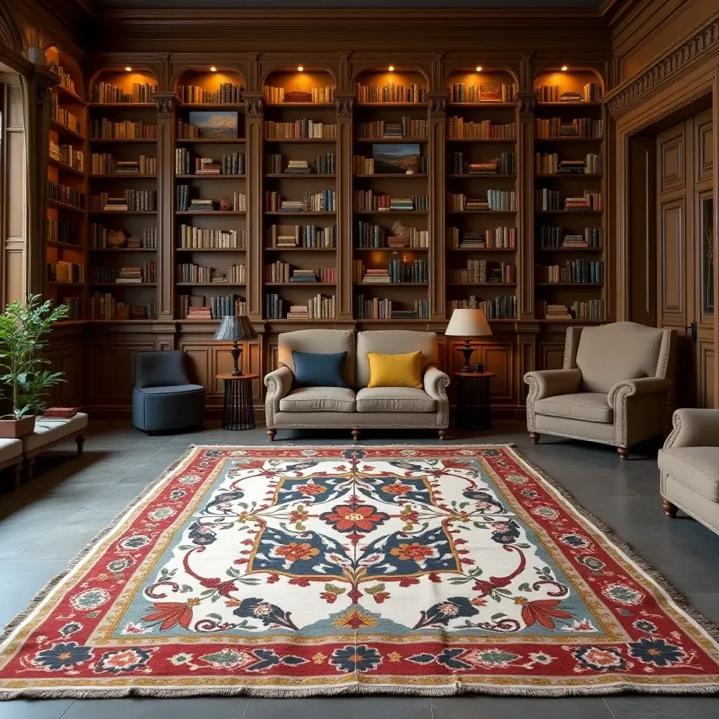 a photo of a hand-painted rug with custom designs in a unique library