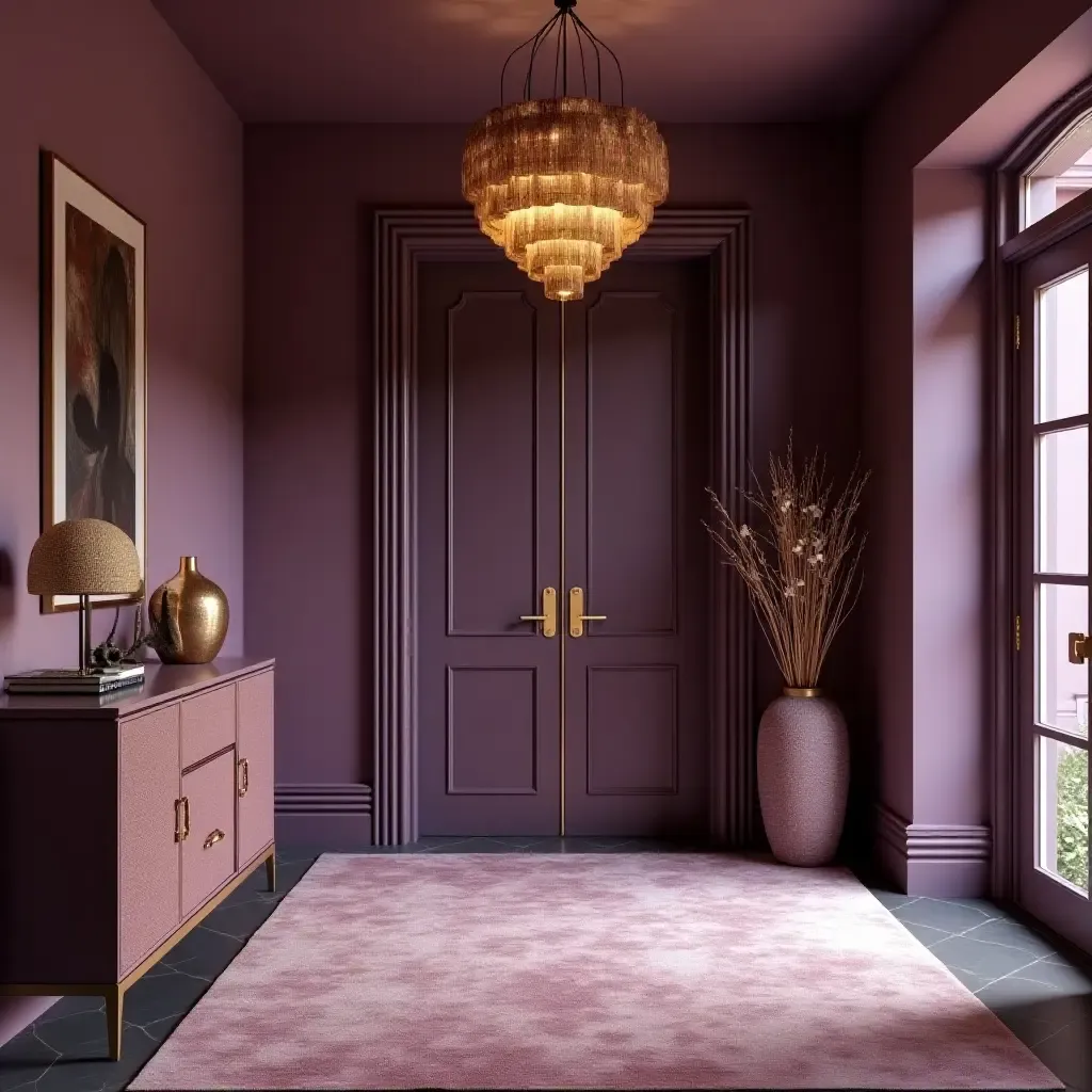 a photo of a stylish purple and gold entrance hall with elegant furnishings