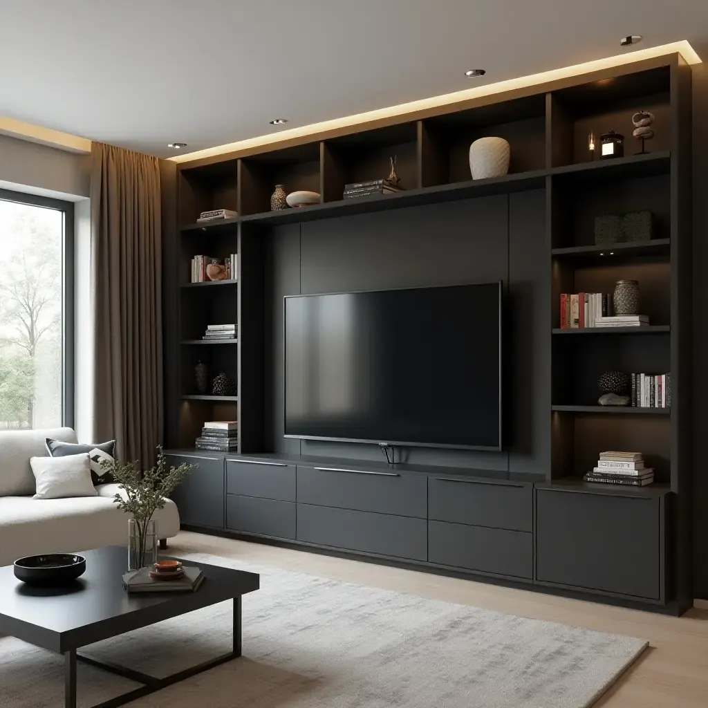 a photo of a sleek built-in bookcase with a monochrome color scheme