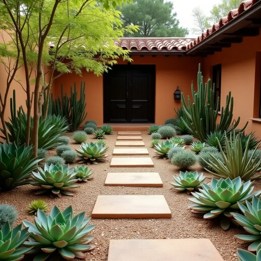 a photo of a tranquil zen garden inspired by Mexican design with vibrant succulents