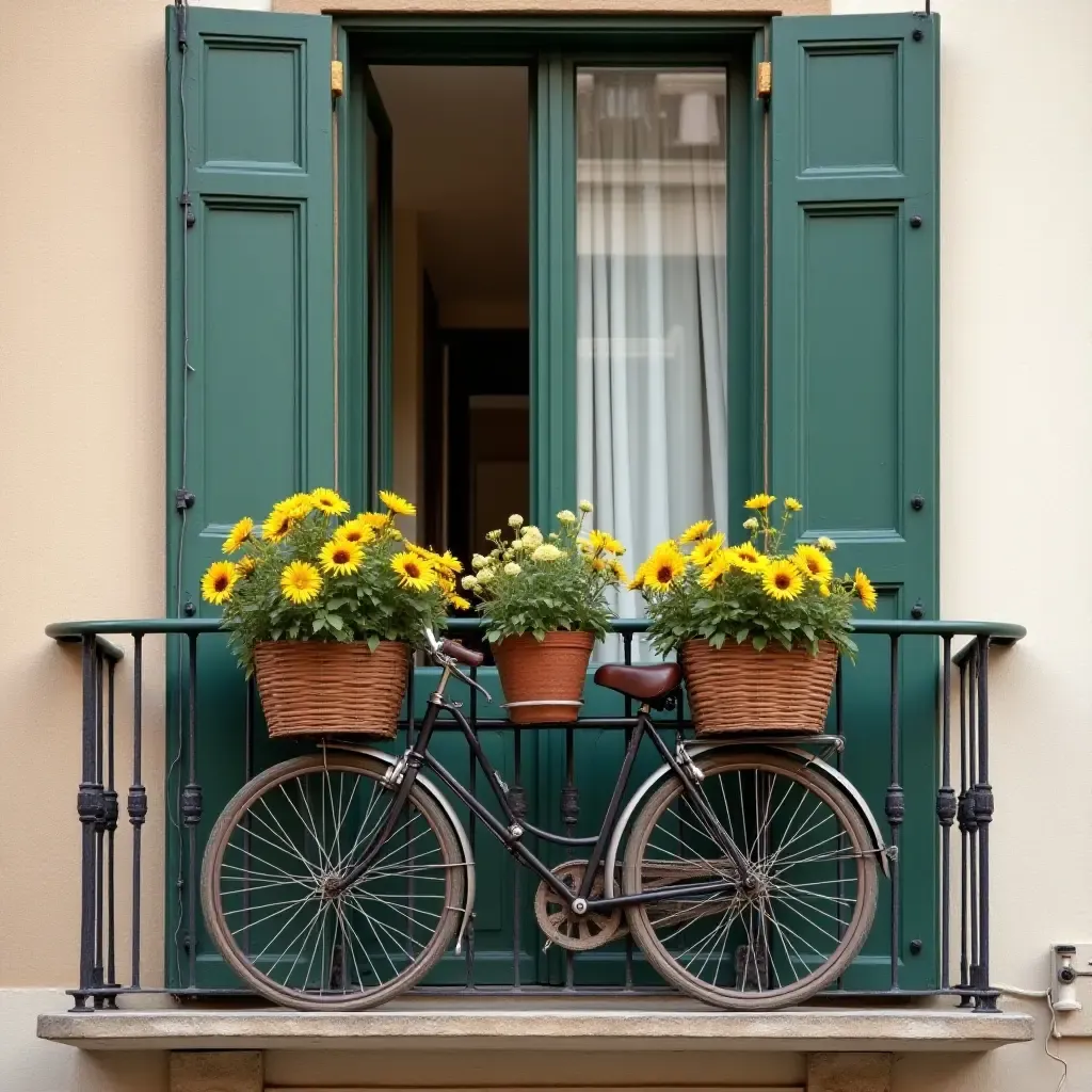 a photo of a balcony featuring a vintage bicycle with flower baskets