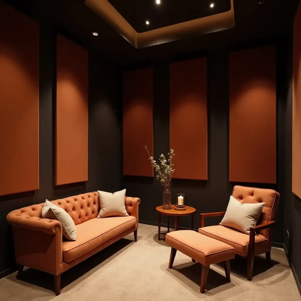 a photo of a sophisticated basement music room with plush seating and acoustic panels