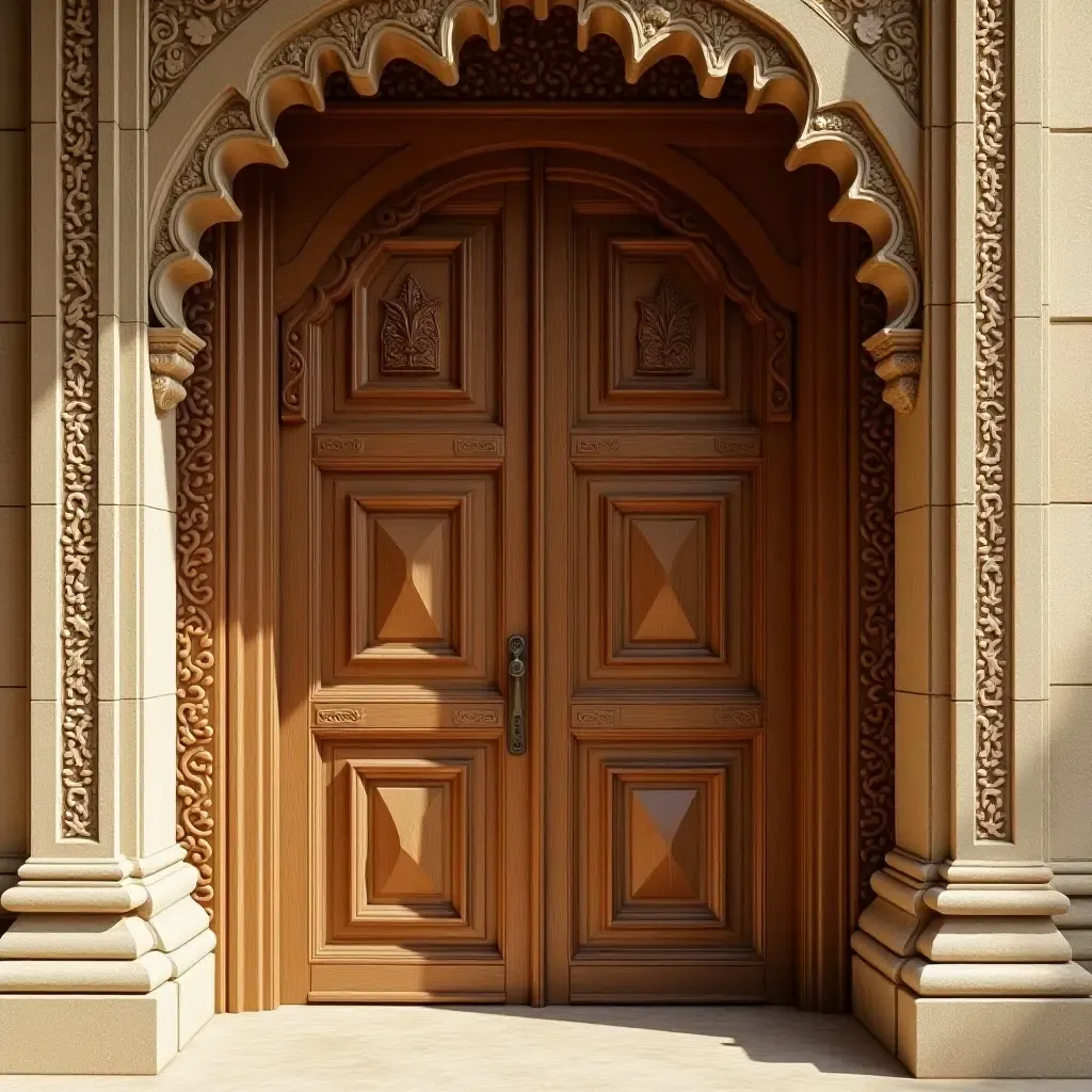 a photo of a warm wooden door with intricate carvings