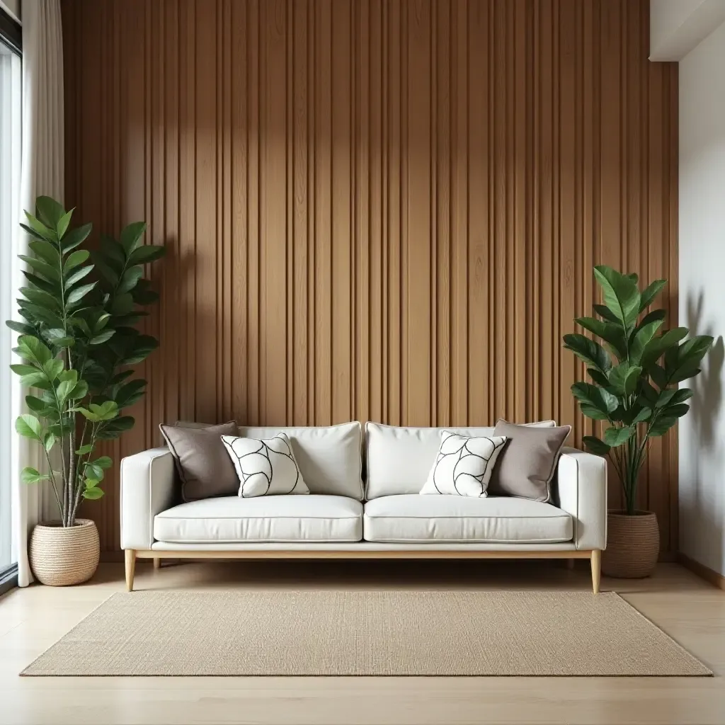 a photo of a modern living room with a wooden accent wall and greenery