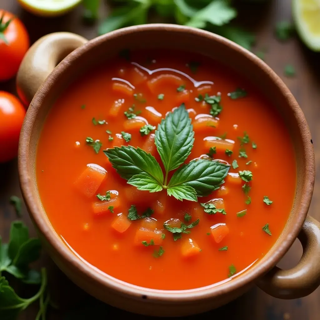 a photo of a vibrant Andalusian gazpacho served in a clay bowl with fresh vegetables.