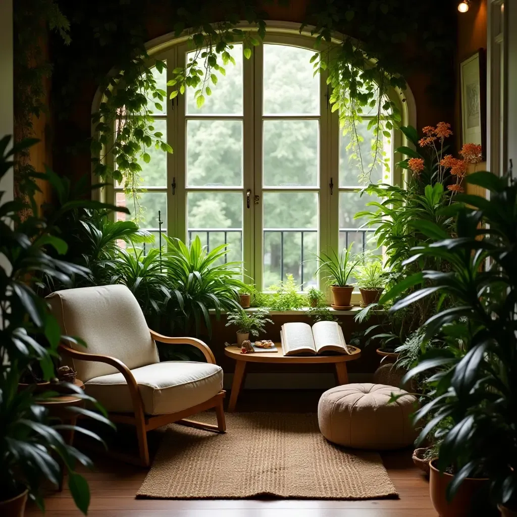 a photo of a cozy reading nook surrounded by lush greenery