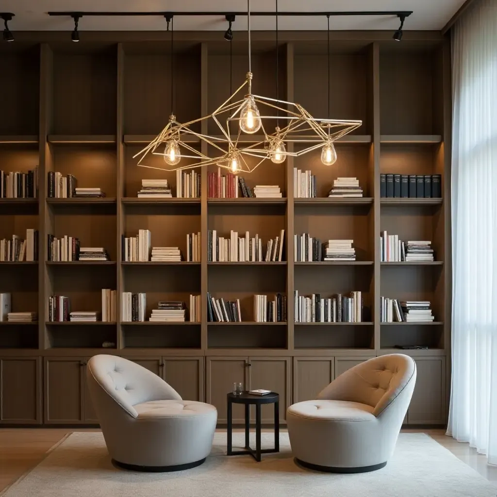 a photo of a minimalist library showcasing geometric pendant lights above bookshelves