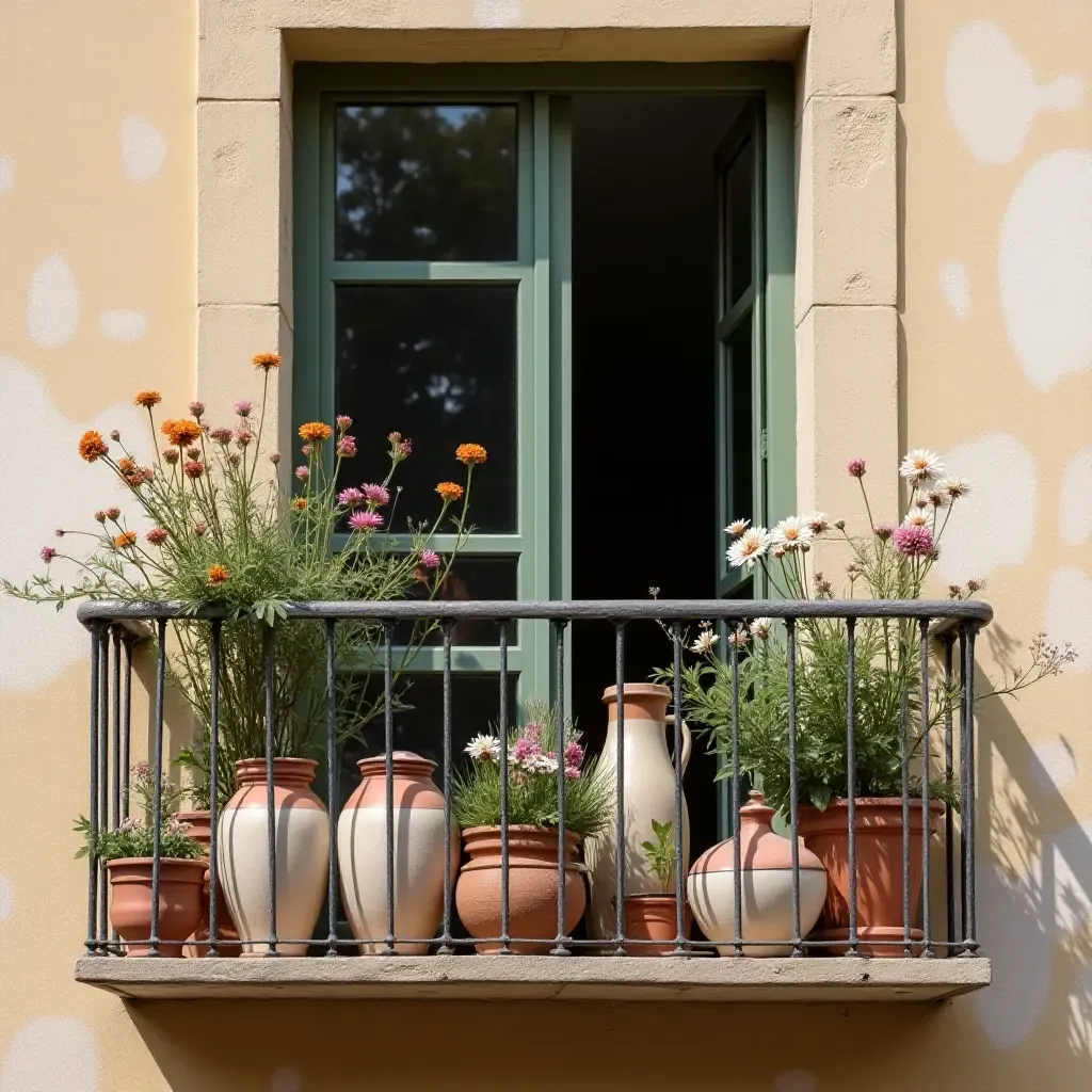 a photo of a balcony decorated with handmade pottery and wildflowers