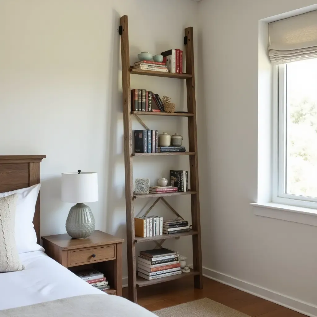 a photo of a rustic ladder used as a bookshelf in a bedroom