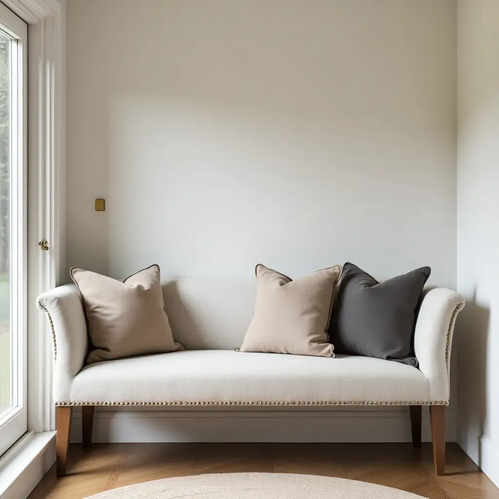 a photo of a cozy upholstered bench with storage in a narrow hallway