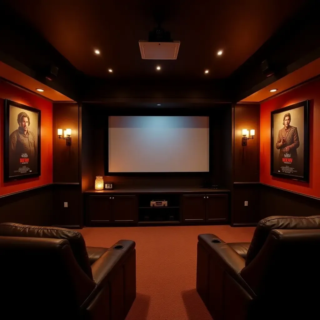 a photo of a basement theater setup with vintage movie posters