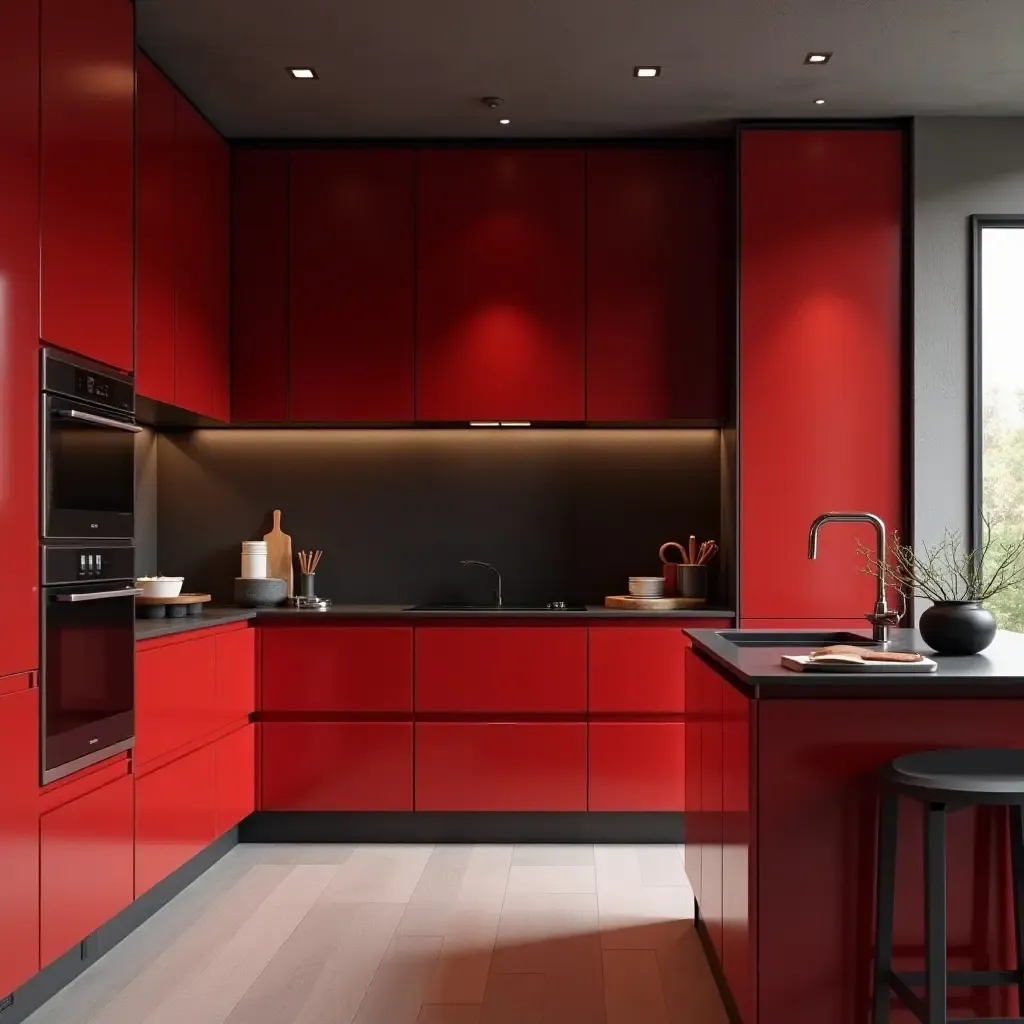 a photo of a bold red and black kitchen with sleek finishes