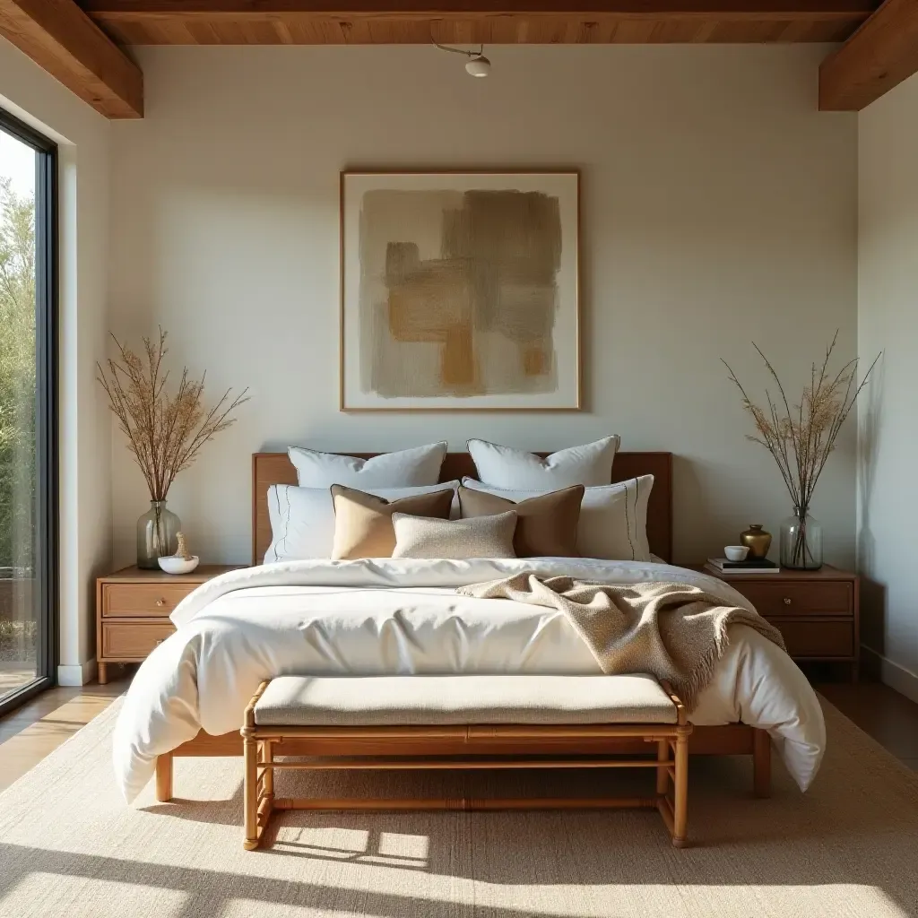 a photo of a tropical bedroom featuring velvet pillows, bamboo wood furniture, and linen decor