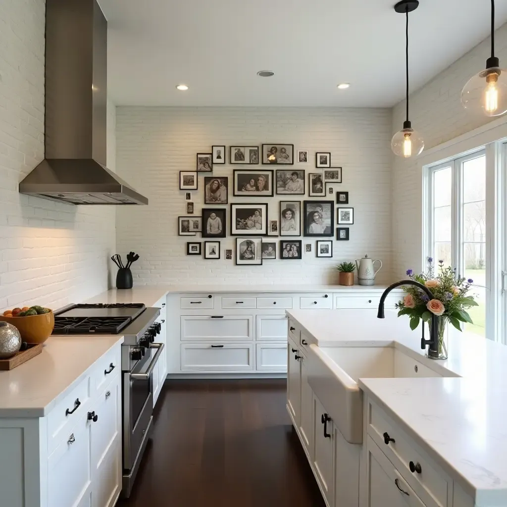 a photo of a custom art piece backsplash showcasing family memories in a homey kitchen