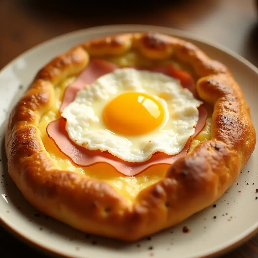 a photo of a golden Breton galette filled with ham, cheese, and egg.