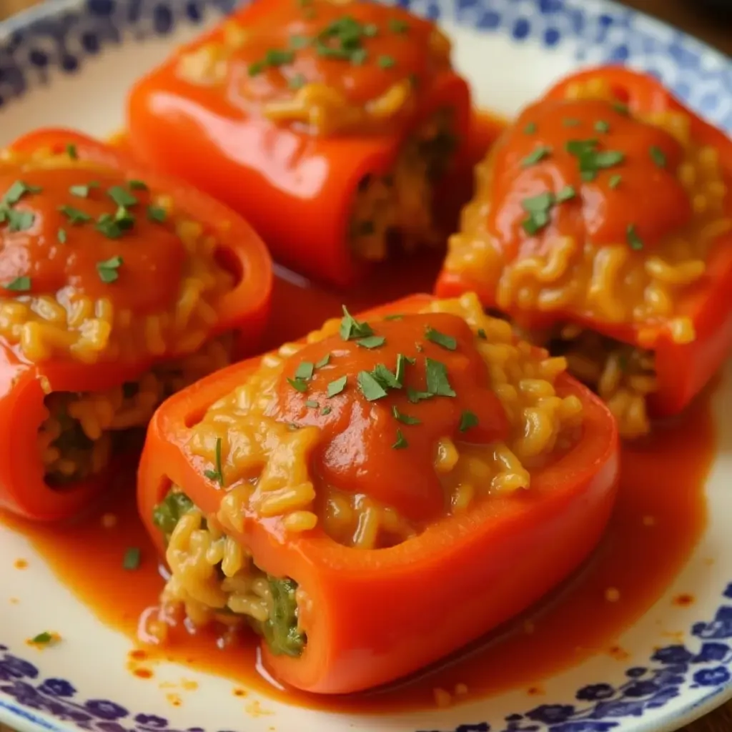 a photo of Italian-style stuffed bell peppers with rice, herbs, and marinara sauce.