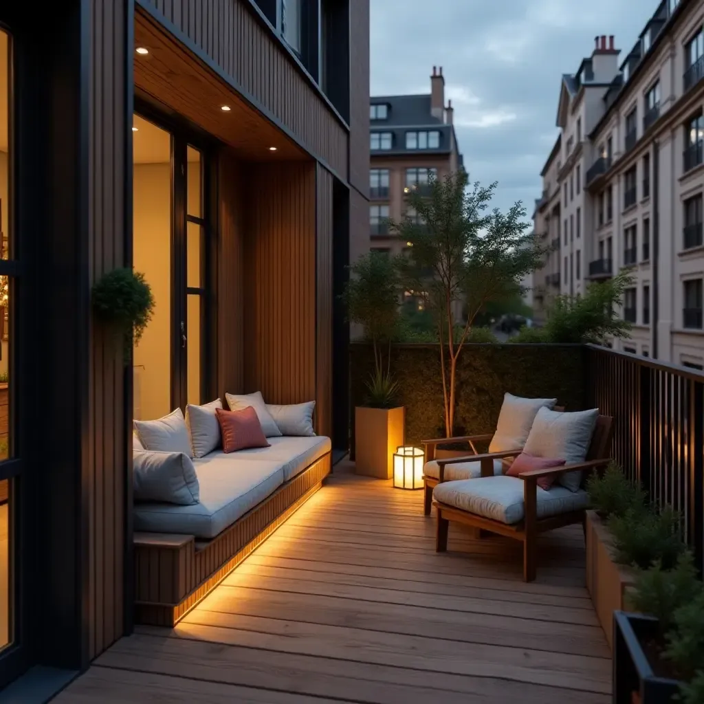 a photo of an urban balcony with a built-in bench and storage