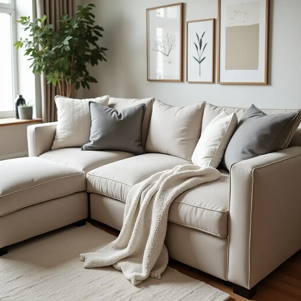 a photo of a cozy sectional with stylish throw pillows and storage