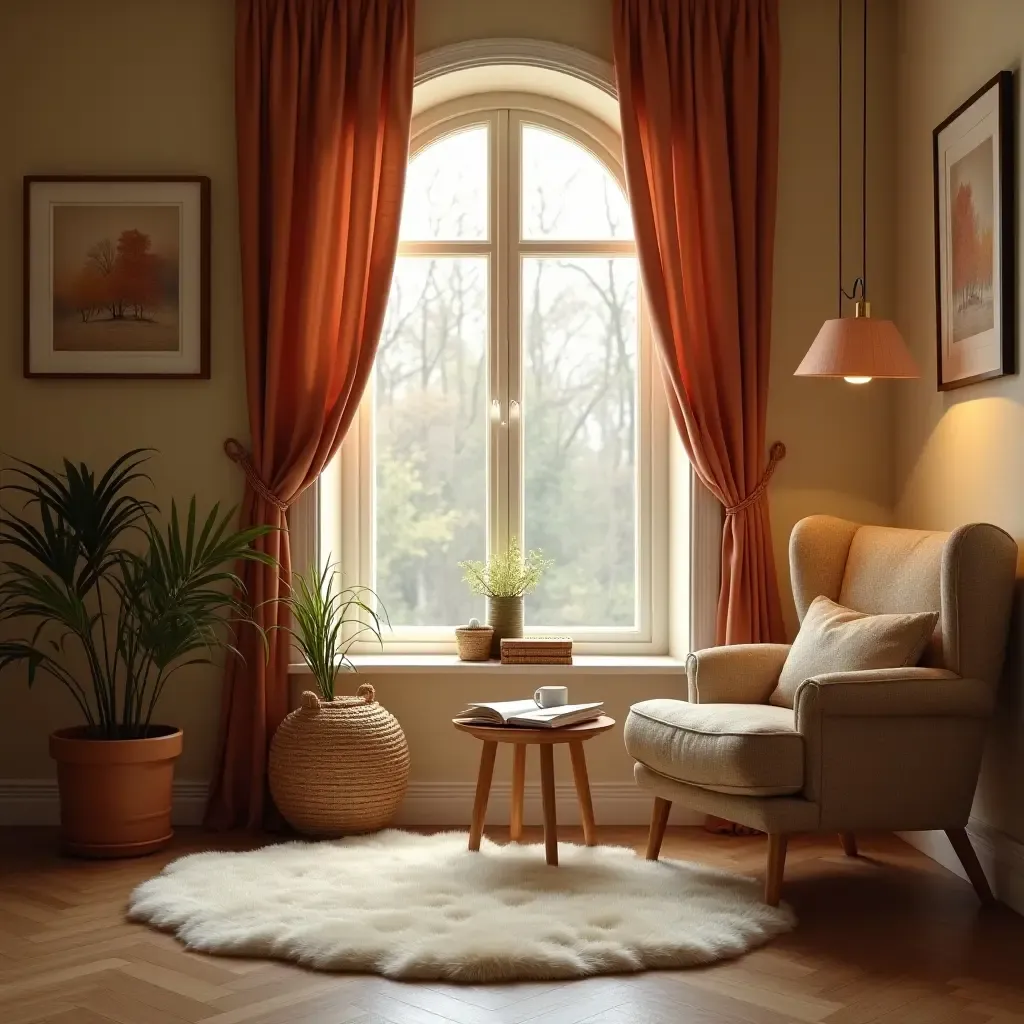 a photo of a reading nook with a soft rug and warm tones