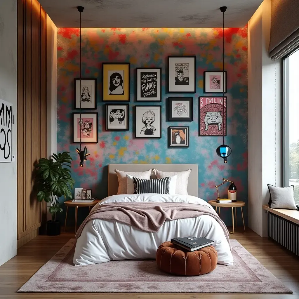 a photo of a graffiti-inspired gallery wall with street art and urban vibes in a trendy teen room