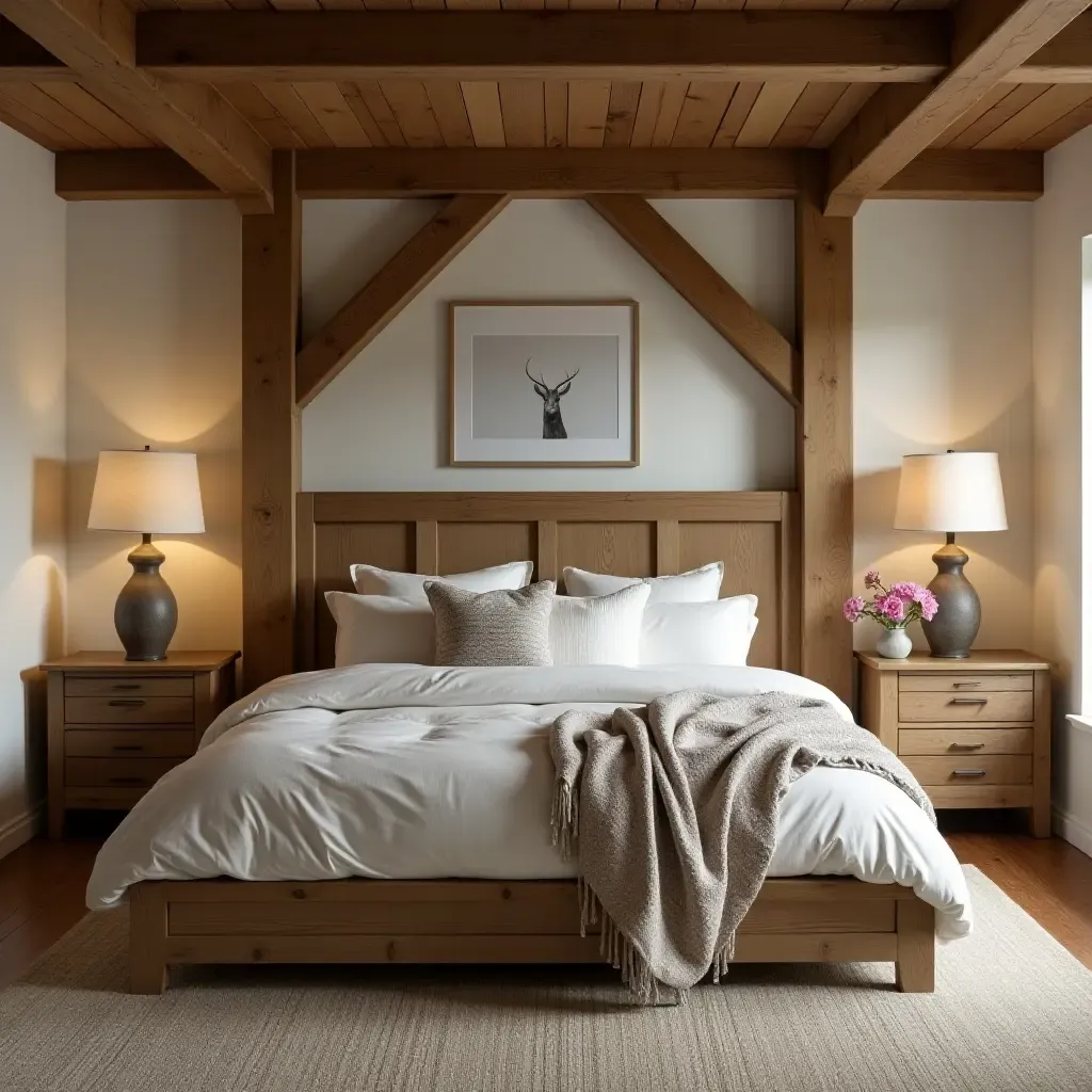 a photo of a farmhouse bedroom with warm wood tones and cozy blankets