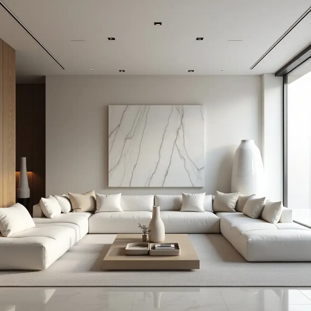 a photo of a contemporary living room showcasing marble sculptures and minimalist design