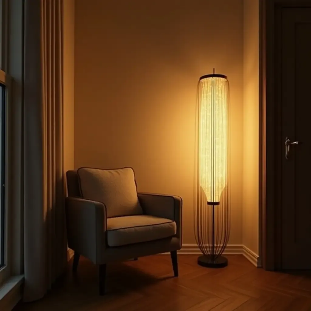 a photo of a cozy corner with a glamorous floor lamp