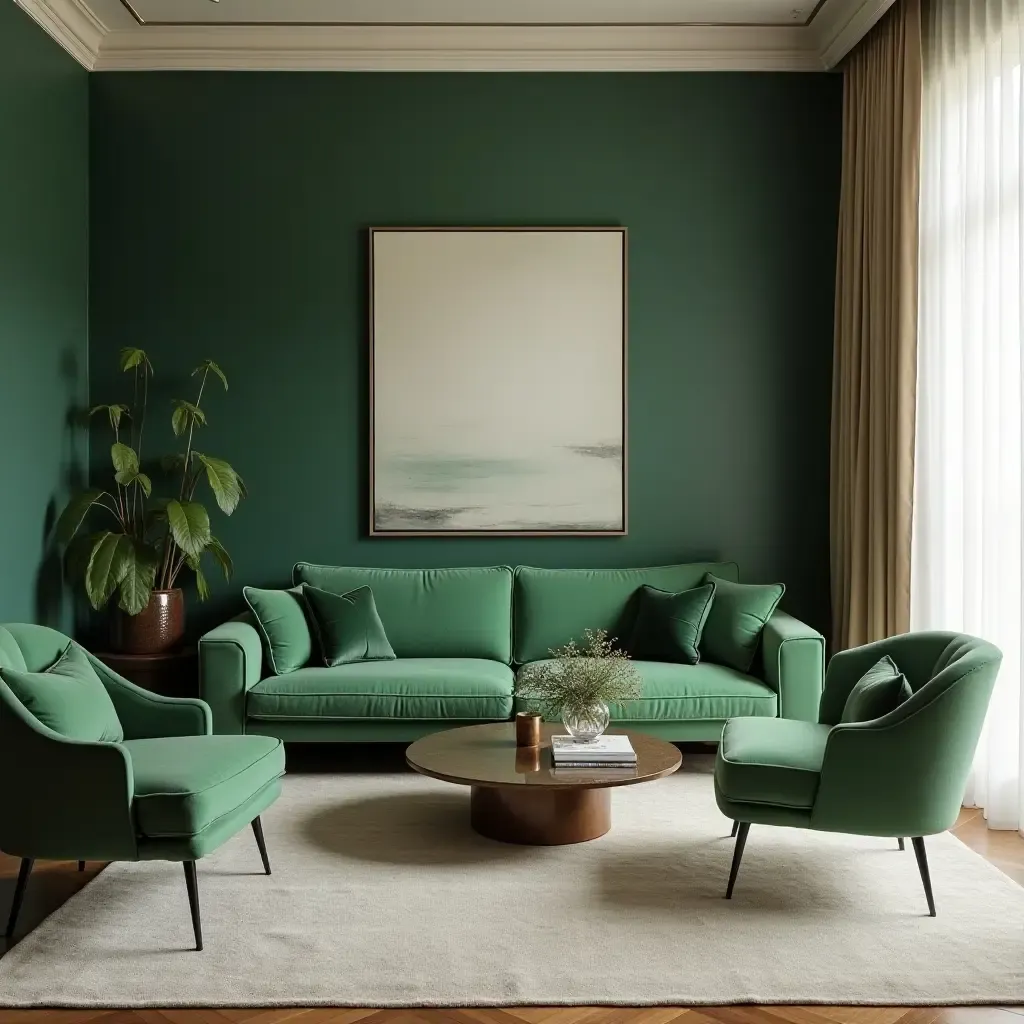 a photo of a sophisticated living room with emerald green and beige