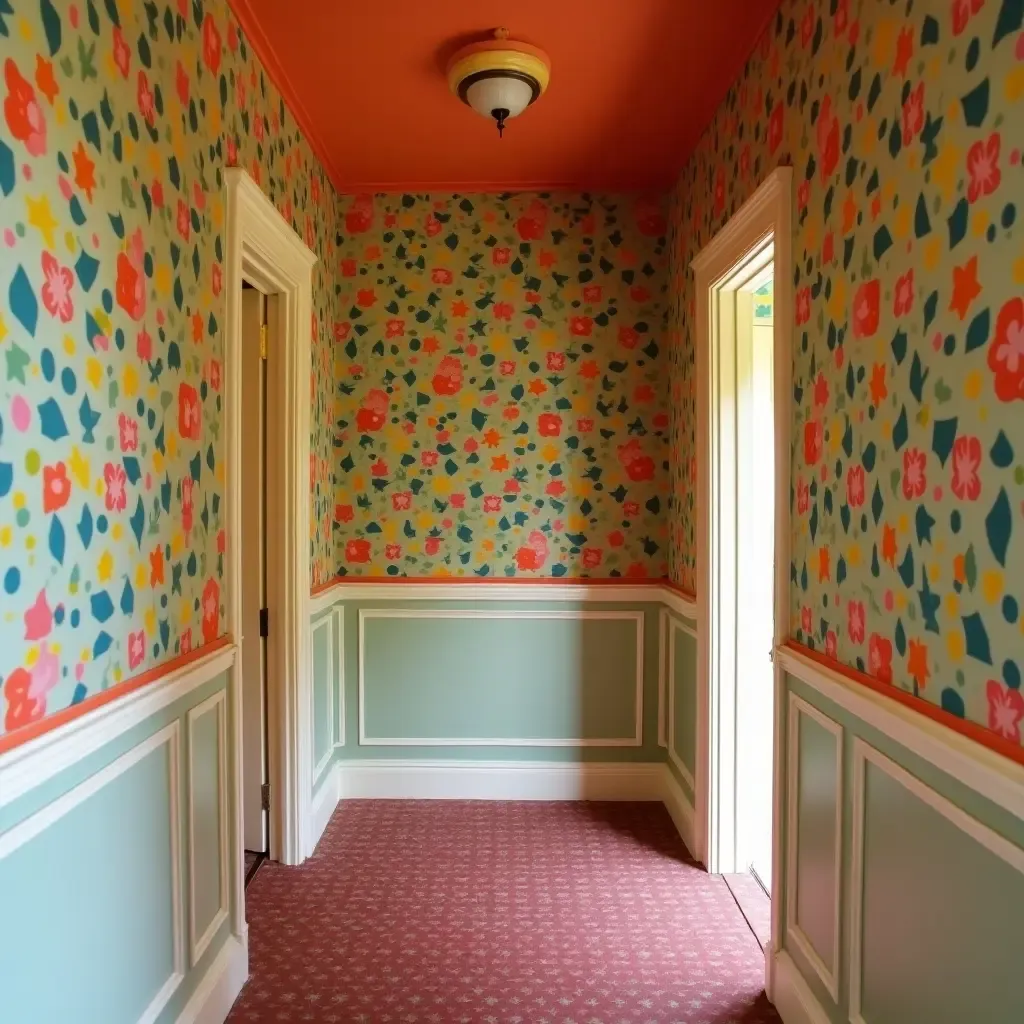 a photo of colorful retro wallpaper adorning a quaint hallway