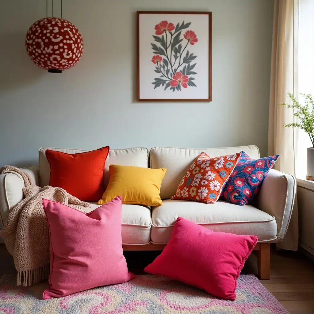 a photo of a vibrant teen space with throw pillows in bright, bold colors