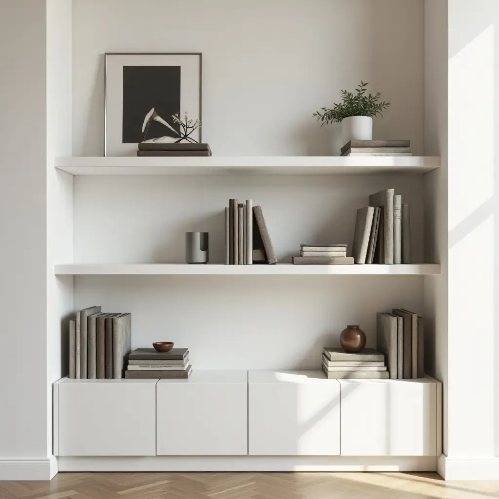 a photo of a minimalist bookshelf styled with unique bookends and art pieces