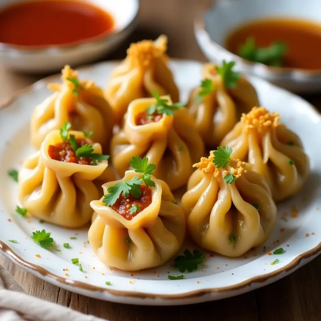 a photo of colorful vegetarian dumplings with dipping sauce, garnished with fresh herbs.