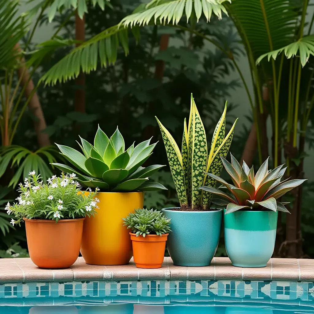 a photo of a colorful plant arrangement on a poolside shelf