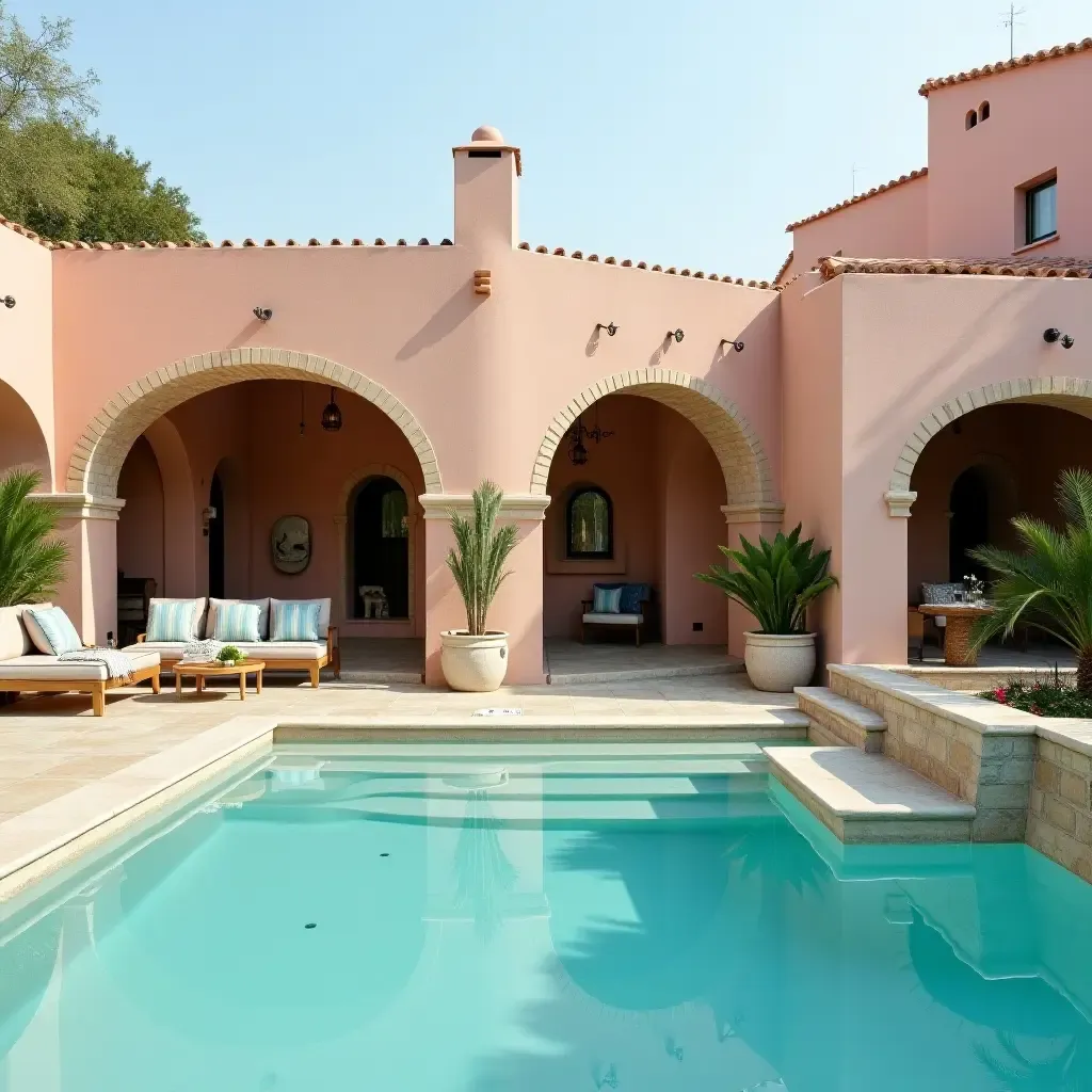 a photo of a stylish pool area with a Mediterranean-inspired color palette