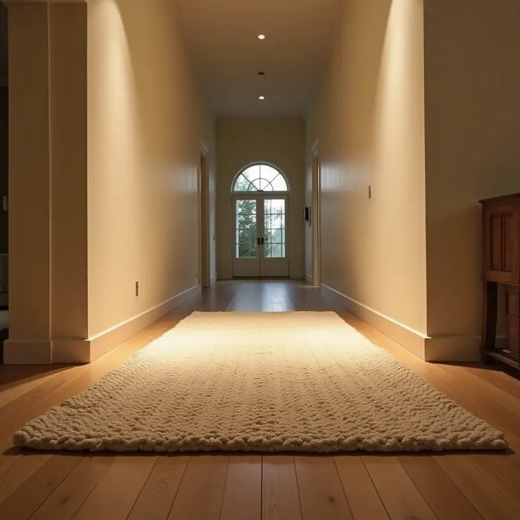 a photo of a cozy, knitted rug in a warm corridor setting