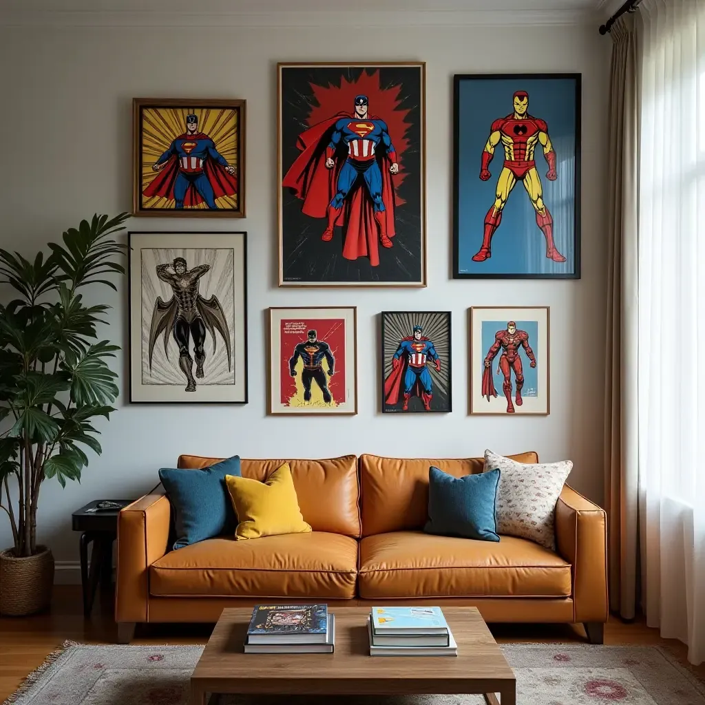 a photo of a superhero-themed gallery wall with comic book art and memorabilia