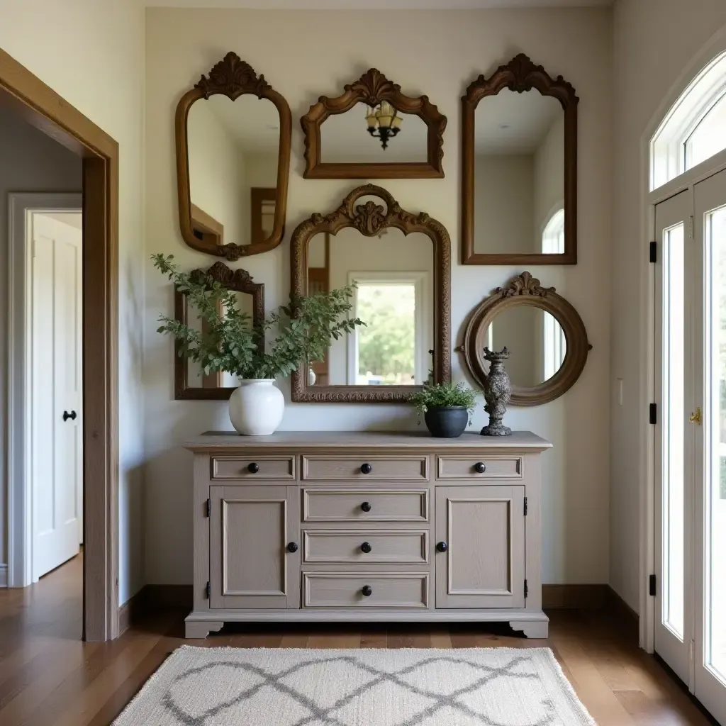 a photo of a collection of antique mirrors in a rustic entryway