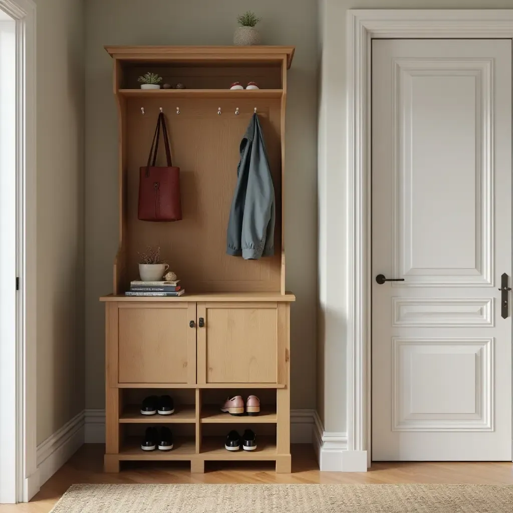 a photo of a wooden shoe cabinet in a cozy entryway