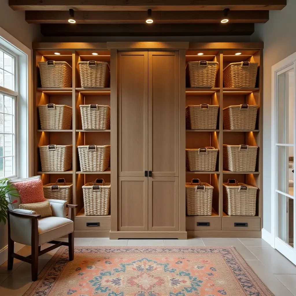 a photo of a colorful basement with wall-mounted baskets for storage