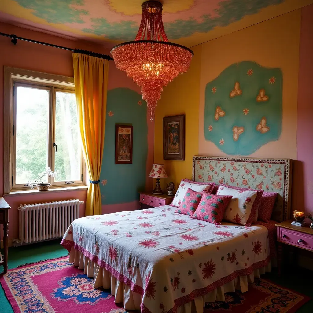 a photo of a whimsical bedroom with a colorful beaded chandelier and vibrant textiles