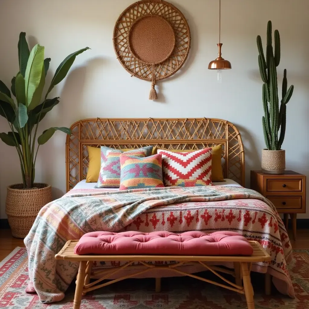 a photo of a boho bedroom with a vintage rattan bed and colorful throw pillows