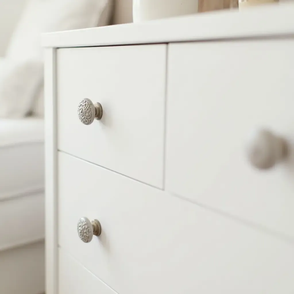 a photo of a nursery showcasing a chic dresser with decorative knobs