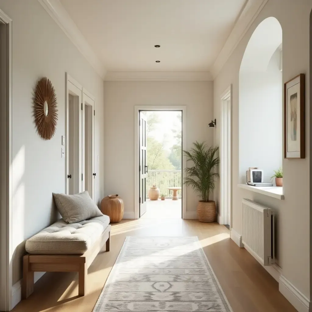 a photo of a bright hallway with a comfortable bench and inviting decor