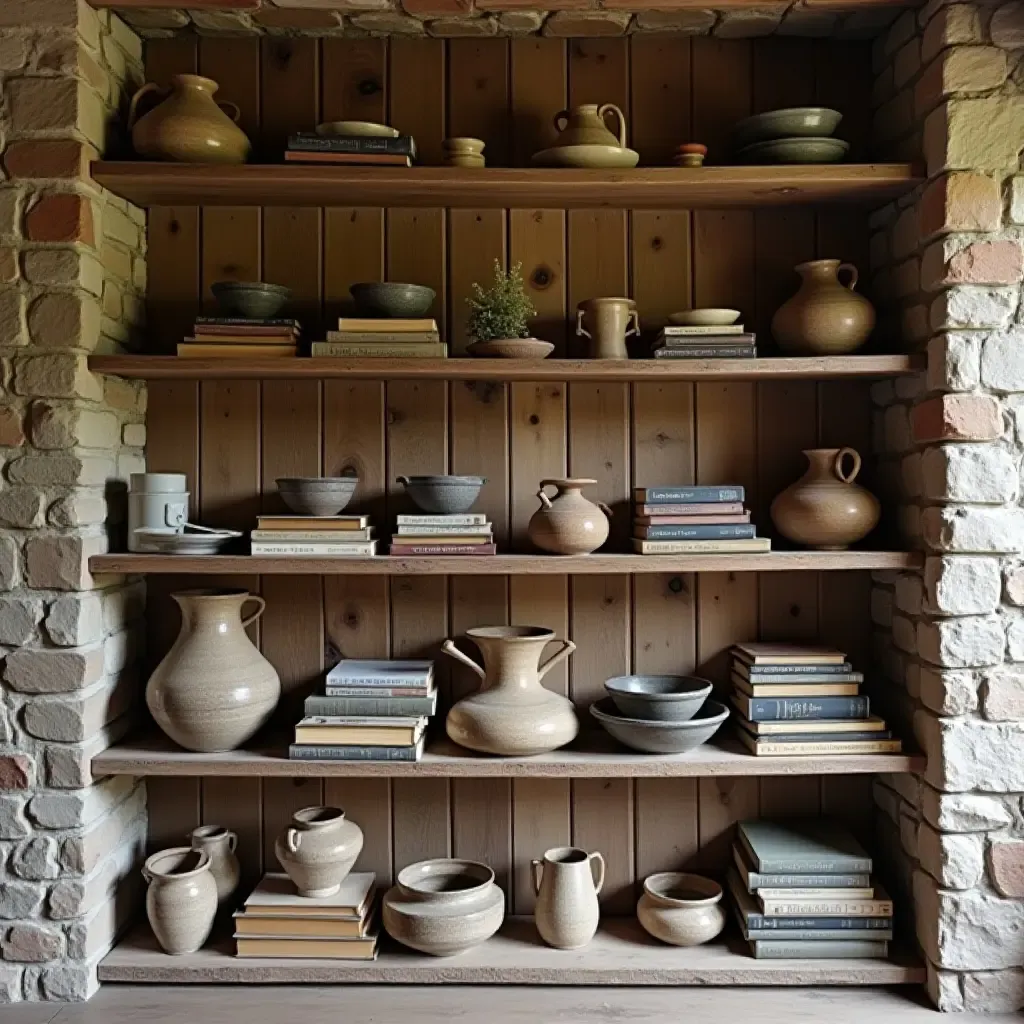 a photo of rustic open shelving filled with vintage books and artisanal pottery